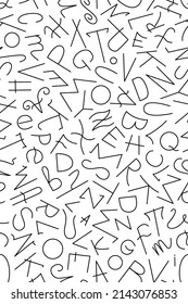 Black and white background with chaotic Latin letters. Seamless vector pattern.