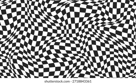 Schwarz-weißer Hintergrund. Überprüfter Hintergrund. Schachbrettverzerrte Oberfläche. Abstraktes Banner mit Verzerrungseffekt. Markiertes Muster. Vektorgrafik.
