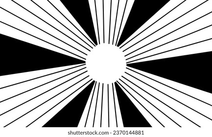 Black and white background with circle and radial lines pattern.