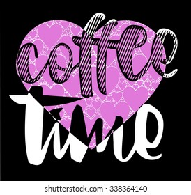 black and white background with coffee time word illustration together and love hearts pattern vector print pattern. for fashion and graphic design. t shirt print, and special day gift offer.