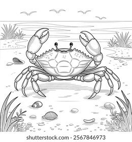 A black and white background the crab coloring page line art