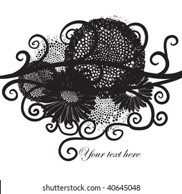Black and white background with curls and flowers