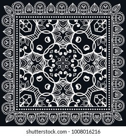 Black and white background, decorative geometric line ornament, symmetric pattern with doodle lace frame. Tribal ethnic decor. Bandanna shawl, tablecloth fabric print, silk neck scarf, kerchief design