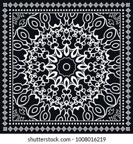 Black and white background, decorative geometric line ornament, symmetric pattern with doodle lace frame. Tribal ethnic decor. Bandanna shawl, tablecloth fabric print, silk neck scarf, kerchief design