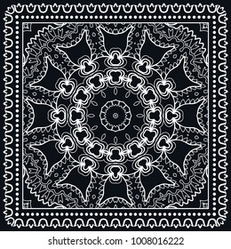 Black and white background, decorative geometric line ornament, symmetric pattern with doodle lace frame. Tribal ethnic decor. Bandanna shawl, tablecloth fabric print, silk neck scarf, kerchief design