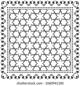 Black and white background, decorative geometric line ornament, symmetric pattern with doodle lace frame. Tribal ethnic decor. Bandana shawl, tablecloth fabric print, silk neck scarf, kerchief design