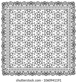 Black and white background, decorative geometric line ornament, symmetric pattern with doodle lace frame. Tribal ethnic decor. Bandana shawl, tablecloth fabric print, silk neck scarf, kerchief design