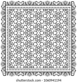 Black and white background, decorative geometric line ornament, symmetric pattern with doodle lace frame. Tribal ethnic decor. Bandana shawl, tablecloth fabric print, silk neck scarf, kerchief design
