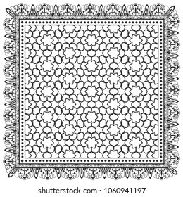 Black and white background, decorative geometric line ornament, symmetric pattern with doodle lace frame. Tribal ethnic decor. Bandana shawl, tablecloth fabric print, silk neck scarf, kerchief design