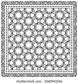 Black and white background, decorative geometric line ornament, symmetric pattern with doodle lace frame. Tribal ethnic decor. Bandana shawl, tablecloth fabric print, silk neck scarf, kerchief design