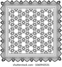 Black and white background, decorative geometric line ornament, symmetric pattern with doodle lace frame. Tribal ethnic decor. Bandana shawl, tablecloth fabric print, silk neck scarf, kerchief design