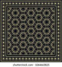 Black and white background, decorative geometric line ornament, symmetric pattern with doodle lace frame. Tribal ethnic decor. Bandana shawl, tablecloth fabric print, silk neck scarf, kerchief design