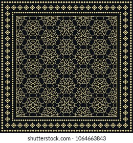 Black and white background, decorative geometric line ornament, symmetric pattern with doodle lace frame. Tribal ethnic decor. Bandana shawl, tablecloth fabric print, silk neck scarf, kerchief design