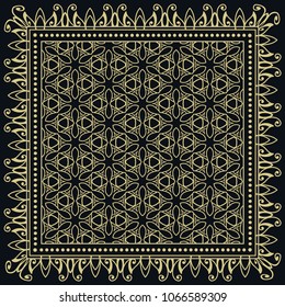 Black and white background, decorative geometric line ornament, symmetric pattern with doodle lace frame. Tribal ethnic decor. Bandana shawl, tablecloth fabric print, silk neck scarf, kerchief design