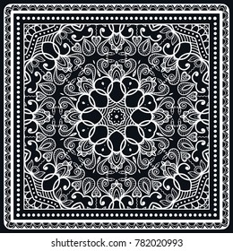 Black and white background, decorative geometric line ornament, symmetric pattern with doodle lace frame. Tribal ethnic decor. Bandanna shawl, tablecloth fabric print, silk neck scarf, kerchief design