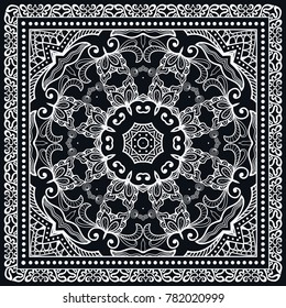 Black and white background, decorative geometric line ornament, symmetric pattern with doodle lace frame. Tribal ethnic decor. Bandanna shawl, tablecloth fabric print, silk neck scarf, kerchief design