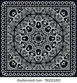 Black and white background, decorative geometric line ornament, symmetric pattern with doodle lace frame. Tribal ethnic decor. Bandanna shawl, tablecloth fabric print, silk neck scarf, kerchief design