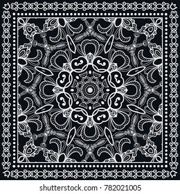 Black and white background, decorative geometric line ornament, symmetric pattern with doodle lace frame. Tribal ethnic decor. Bandanna shawl, tablecloth fabric print, silk neck scarf, kerchief design