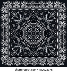 Black and white background, decorative geometric line ornament, symmetric pattern with doodle lace frame. Tribal ethnic decor. Bandanna shawl, tablecloth fabric print, silk neck scarf, kerchief design