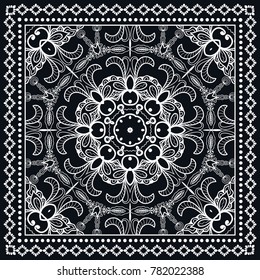 Black and white background, decorative geometric line ornament, symmetric pattern with doodle lace frame. Tribal ethnic decor. Bandanna shawl, tablecloth fabric print, silk neck scarf, kerchief design