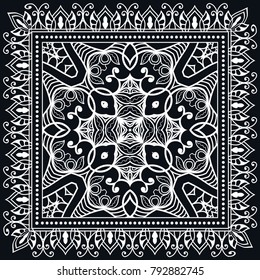 Black and white background, decorative geometric line ornament, symmetric pattern with doodle lace frame. Tribal ethnic decor. Bandanna shawl, tablecloth fabric print, silk neck scarf, kerchief design