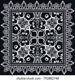 Black and white background, decorative geometric line ornament, symmetric pattern with doodle lace frame. Tribal ethnic decor. Bandanna shawl, tablecloth fabric print, silk neck scarf, kerchief design