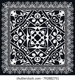 Black and white background, decorative geometric line ornament, symmetric pattern with doodle lace frame. Tribal ethnic decor. Bandanna shawl, tablecloth fabric print, silk neck scarf, kerchief design