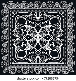 Black and white background, decorative geometric line ornament, symmetric pattern with doodle lace frame. Tribal ethnic decor. Bandanna shawl, tablecloth fabric print, silk neck scarf, kerchief design