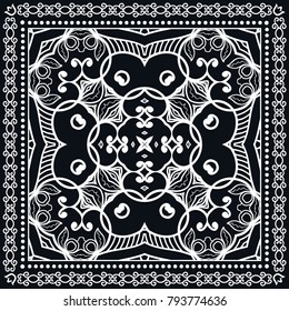 Black and white background, decorative geometric line ornament, symmetric pattern with doodle lace frame. Tribal ethnic decor. Bandanna shawl, tablecloth fabric print, silk neck scarf, kerchief design