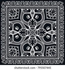 Black and white background, decorative geometric line ornament, symmetric pattern with doodle lace frame. Tribal ethnic decor. Bandanna shawl, tablecloth fabric print, silk neck scarf, kerchief design