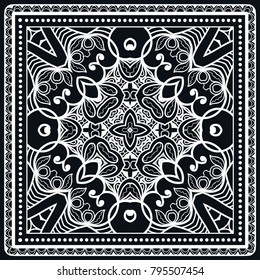 Black and white background, decorative geometric line ornament, symmetric pattern with doodle lace frame. Tribal ethnic decor. Bandanna shawl, tablecloth fabric print, silk neck scarf, kerchief design