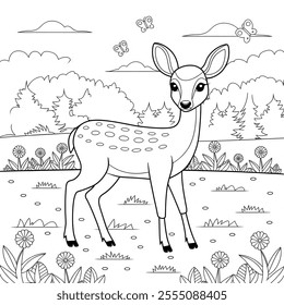 A black and white background deer the forest coloring page 