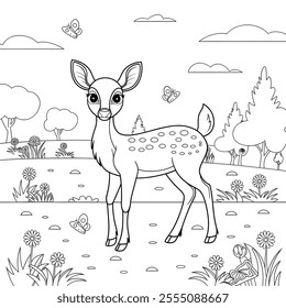 A black and white background deer the forest coloring page