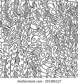 Black and white background Doodle style: leaves, spores, strips