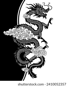 Black and white background with dragon. Vector illustration