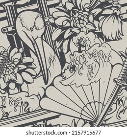 Black and white  background with elements design on the Japanese theme. 
