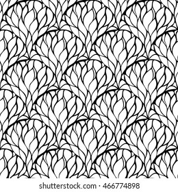 Black and white background with fan forms. Repeatable decorative contrast ornament. Fishscale layout. Seamless pattern. Vector illustration.