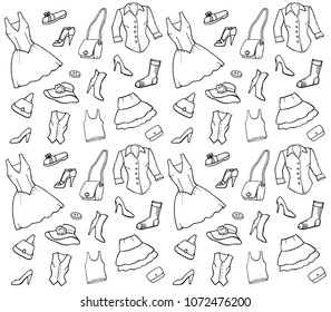 Black and white background with a fashion icons. Trendy clothes, shoes and accessories