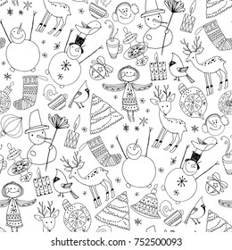 Black and white  background with festive symbols of Christmas and New Year. Contour vector illustration.