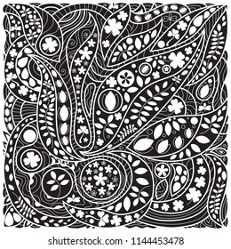 Black and white background with floral patterns and ornaments.