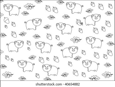 Black and white background with funny pigs and acorn