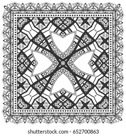 Black and white background, geometric doodle sketch pattern with ornate lace frame. Tribal ethnic ornament. Bandanna shawl, tablecloth fabric print, silk neck scarf, kerchief design