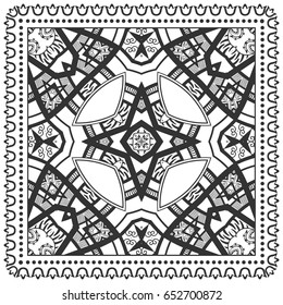 Black and white background, geometric doodle sketch pattern with ornate lace frame. Tribal ethnic ornament. Bandanna shawl, tablecloth fabric print, silk neck scarf, kerchief design