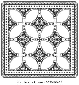 Black and white background, geometric doodle sketch pattern with ornate lace frame. Tribal ethnic ornament. Bandanna shawl, tablecloth fabric print, silk neck scarf, kerchief design