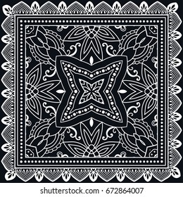 Black and white background, geometric doodle sketch pattern with ornate lace frame. Tribal ethnic ornament. Bandanna shawl, tablecloth fabric print, silk neck scarf, kerchief design