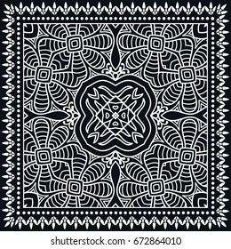 Black and white background, geometric doodle sketch pattern with ornate lace frame. Tribal ethnic ornament. Bandanna shawl, tablecloth fabric print, silk neck scarf, kerchief design