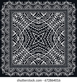 Black and white background, geometric doodle sketch pattern with ornate lace frame. Tribal ethnic ornament. Bandanna shawl, tablecloth fabric print, silk neck scarf, kerchief design