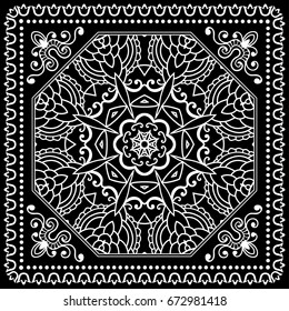Black and white background, geometric doodle sketch pattern with ornate lace frame. Tribal ethnic ornament. Bandanna shawl, tablecloth fabric print, silk neck scarf, kerchief design