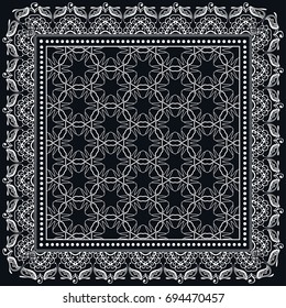 Black and white background, geometric doodle sketch pattern with ornate lace frame. Tribal ethnic ornament. Bandanna shawl, tablecloth fabric print, silk neck scarf, kerchief design