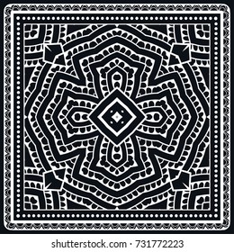 Black and white background, geometric doodle sketch pattern with ornate lace frame. Tribal ethnic ornament. Bandanna shawl, tablecloth fabric print, silk neck scarf, kerchief design